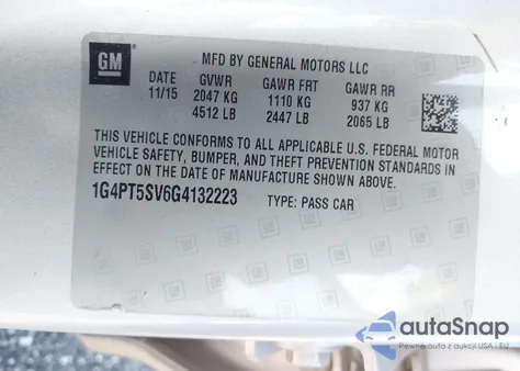 2016 Buick Verano Premium Turbo Group из США, поврежденный, VIN 1G4PT5SV6G4132223